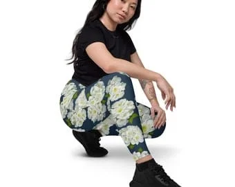 pornhint Pornhint Crisp White Hydrangea Floral Print. Gorgeous Deep Blue Background Leggings with pockets