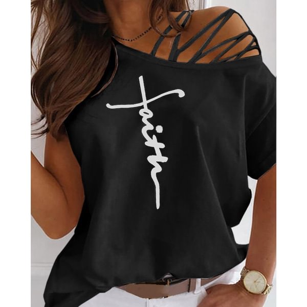 Women's ClothingCasual Off Shoulder Shift Letter Shirts & Tops Printing Irregular Bandage Loose T-shirt Women