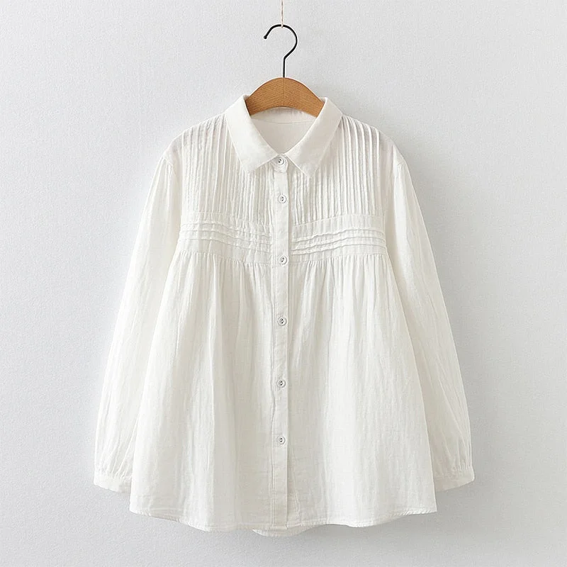 Tlbang New Women Double-layer Cotton White Shirt Full Sleeve Turn Down Collar Pleated Casual Soft Blouse Office Lady Wor T33001X
