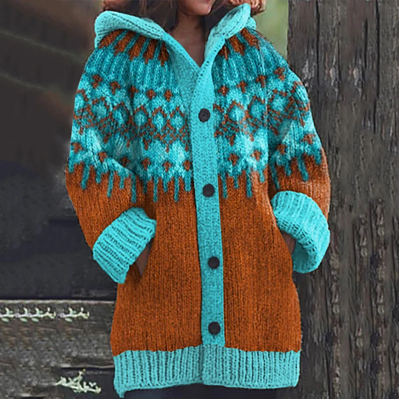 Retro Ethnic Geometric Pattern Contrast Sweater Cardigan