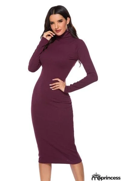 Ribbed Turtleneck Long Sleeve Dress