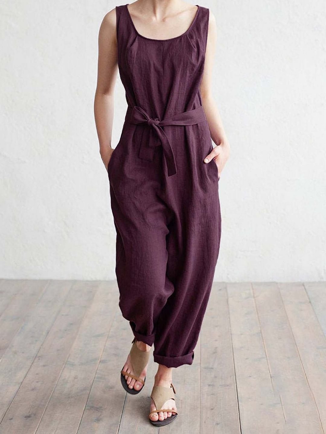Purple Tie Cotton Linen Jumpsuit