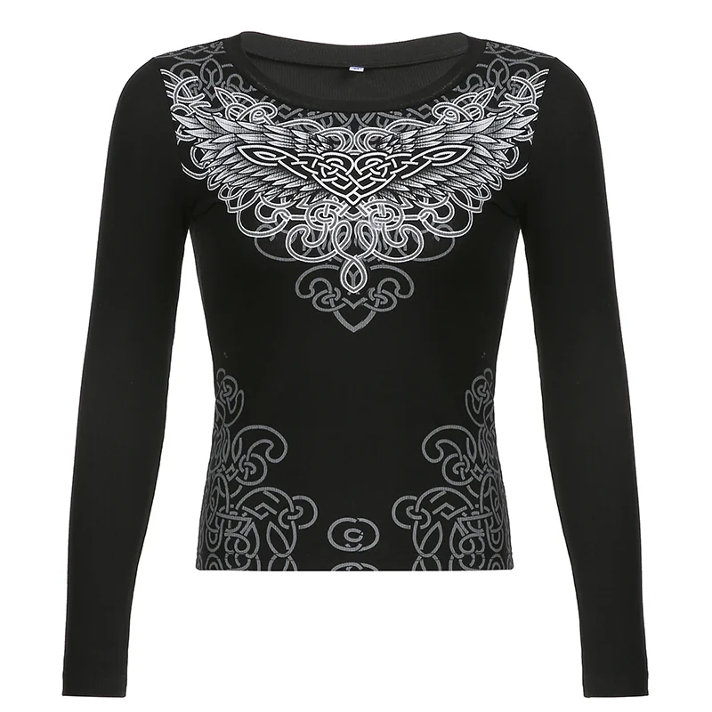 Goth Print Cute Graphic T Shirts Women Black Techwear Long Sleeve Basic Autumn Tops Cropped Tee Shirt E Girl Streetwear