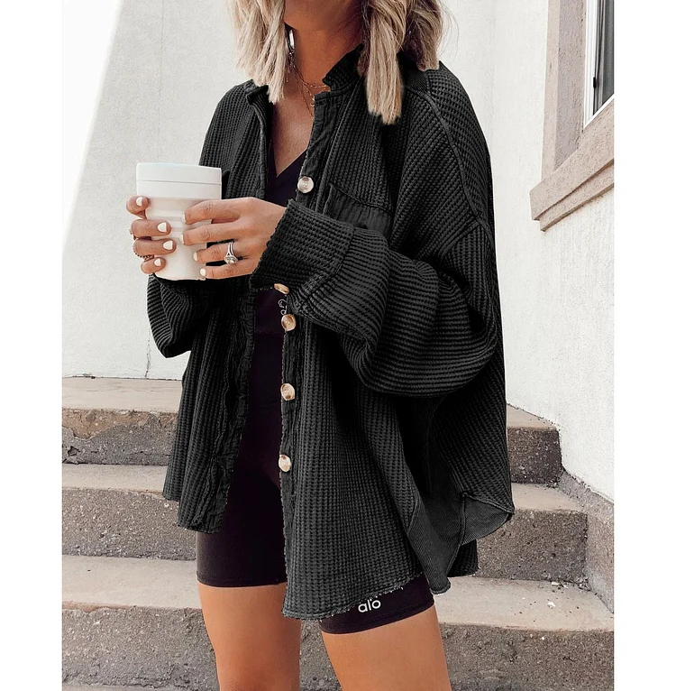 2021 Fall/Winter Waffle Loose Casual Shirt Bat Sleeve Stitching Fashion Top-Mayoulove