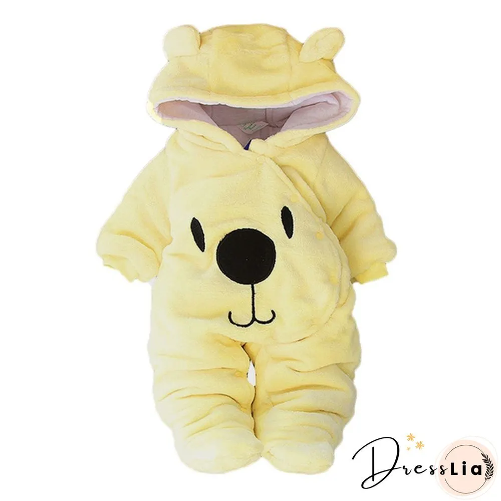 Newborn Baby Girl Boy Solid Color Cartoon Bear Velvet Hooded Jumpsuit Winter Warm Thick
