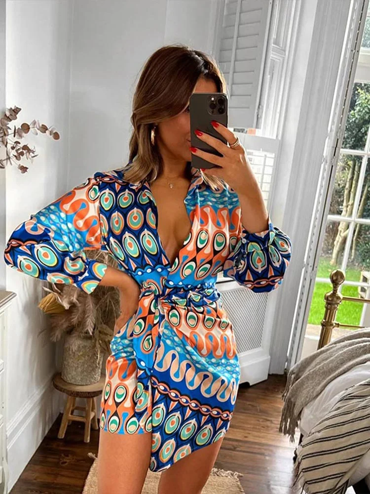 Women Vitange Pattern Print Boho Shirt Dress Female Fashion Lapel Long Sleeve Lace Up Robe 2022 Summer High Slit Loose Dresses