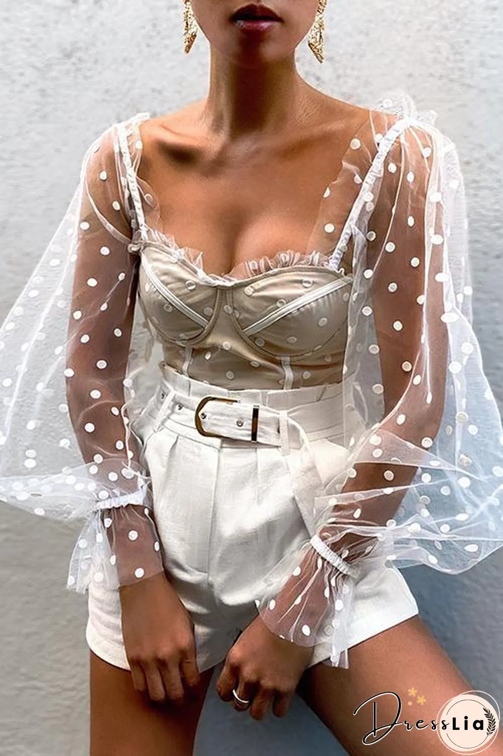 Dot See Though Long Sleeve Crop Top