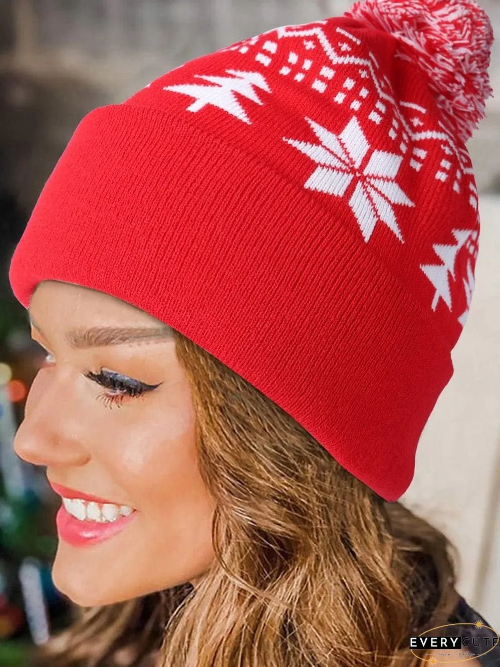 Christmas Red Geometric Pompom Beanie Hat with a Fiery Twist