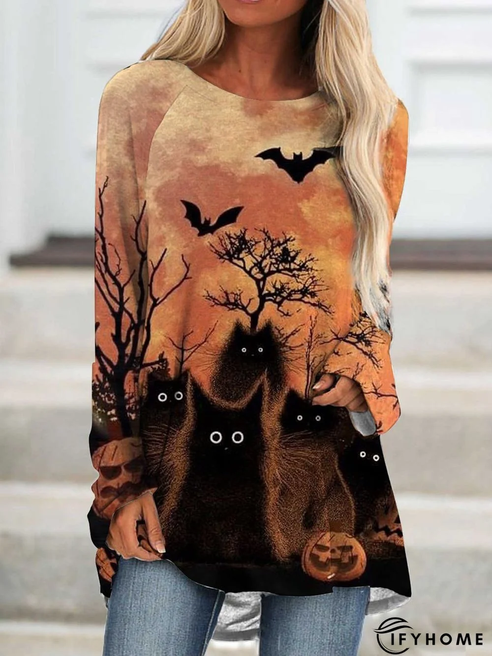 Women Casual Autumn Halloween Spandex Daily Long sleeve Mid-long Regular Medium Elasticity T-shirt | IFYHOME