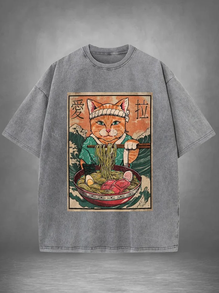 Men's Japanese Samurai Cat Eating Ramen Print Cotton Washed T-Shirt