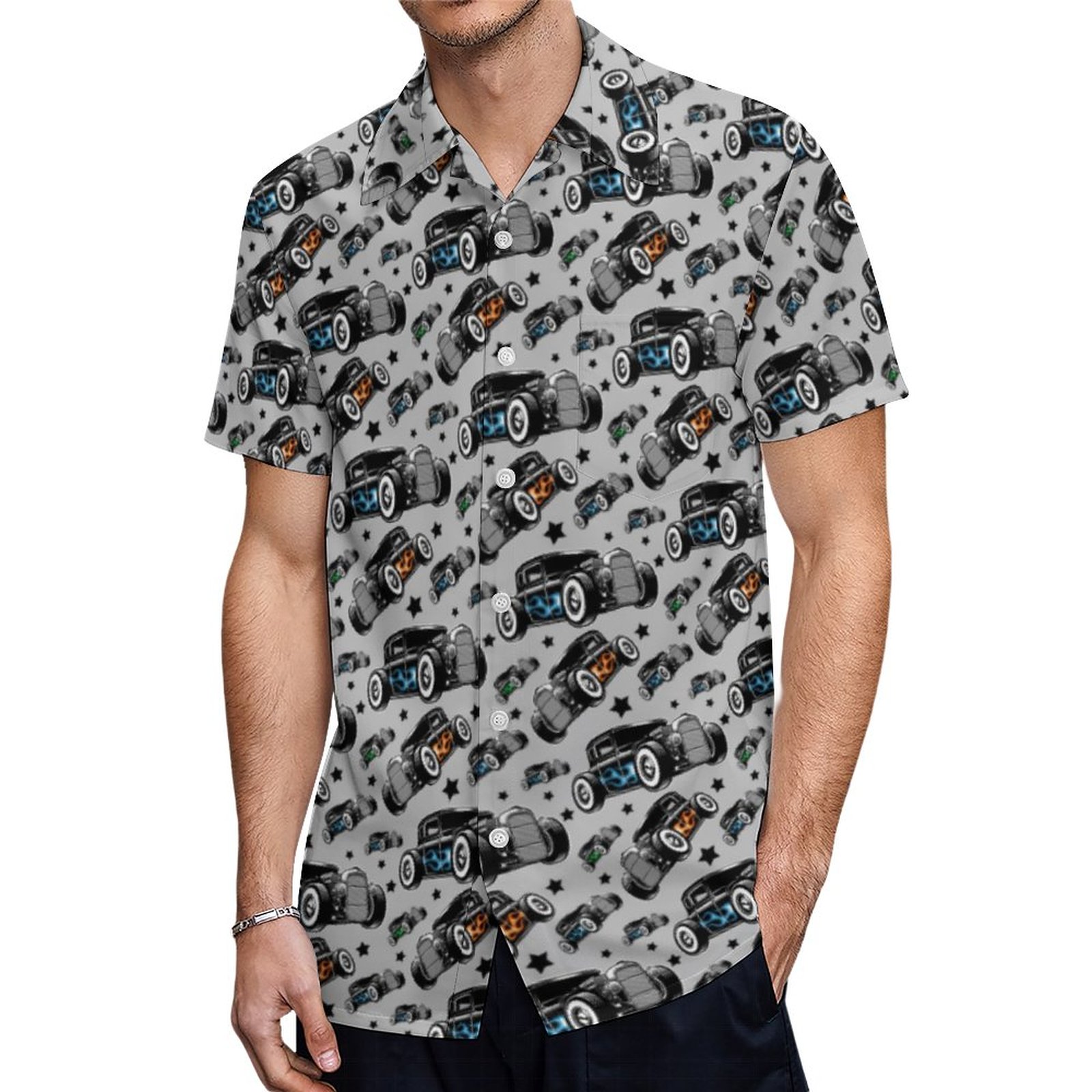 Traditional Chopped Hot Rod Coupe Racing Flames Hawaiian Shirt Mens Button Down Tropical Hawaii Beach Shirts