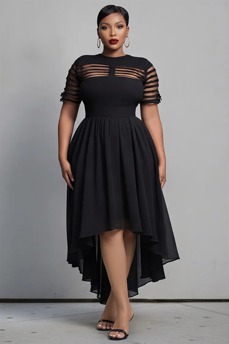 Xpluswear Design Plus Size Cocktail Party Black Round Neck Short Sleeve High Low Hem See Through Chiffon Midi Dresses [Pre-Order] 2024 - Xpluswear