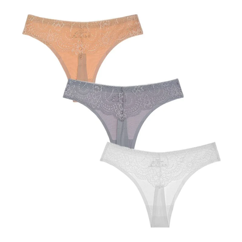 3Pcs/Lot Sexy Women G-string Thongs Lace Floral Sheer Low Waist Underwear Soft Lingerie Ice Silk Briefs Seamless Panties Soft