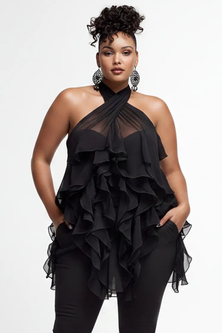 Xpluswear Design Plus Size Cocktail Party Black Halter Collar Ruffle Asymmetric Hem Chiffon Blouses [Pre-Order] 2024 - Xpluswear