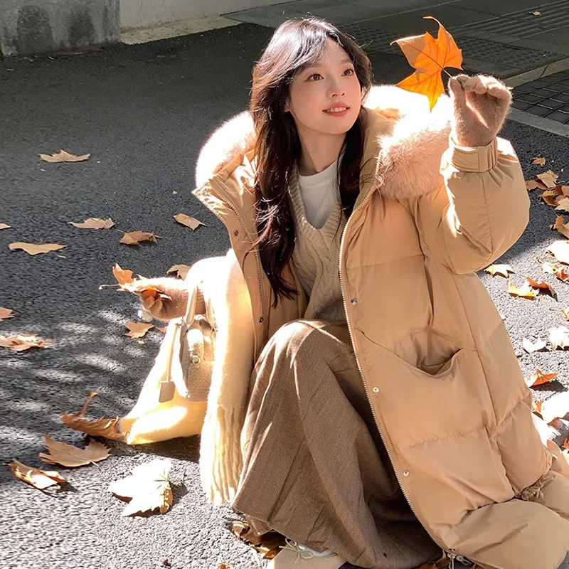 Woherb Fox Hair Collar Korean Version Long Down Jacket Female 2024 Winter New Chinese Knot Thick Over The Knee Foreign Style Warm Coat-Outfit Ideas