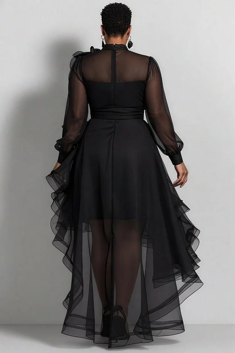Xpluswear Design Plus Size Cocktail Party Black Round Neck Long Sleeve 3D Elegant High Low Hem Organza Midi Dresses [Pre-Order]