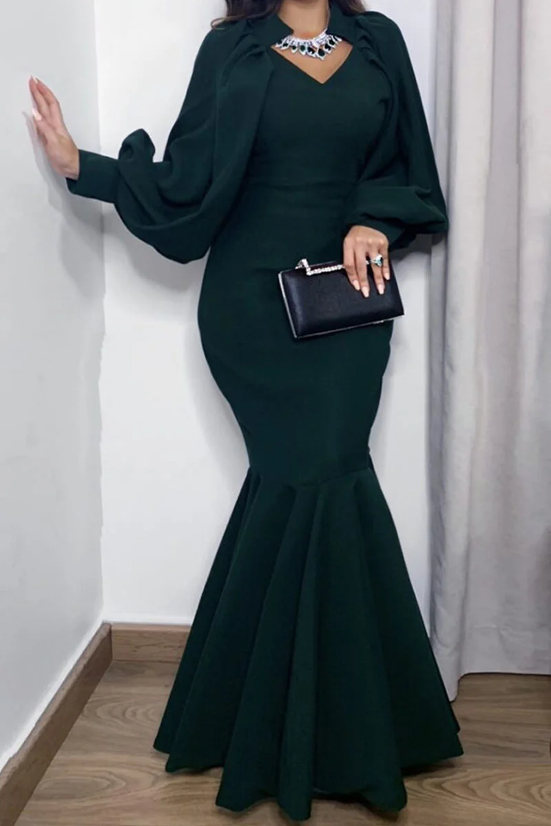 Green Fashion Elegant Solid Patchwork V Neck Trumpet Mermaid Dresses | EGEMISS