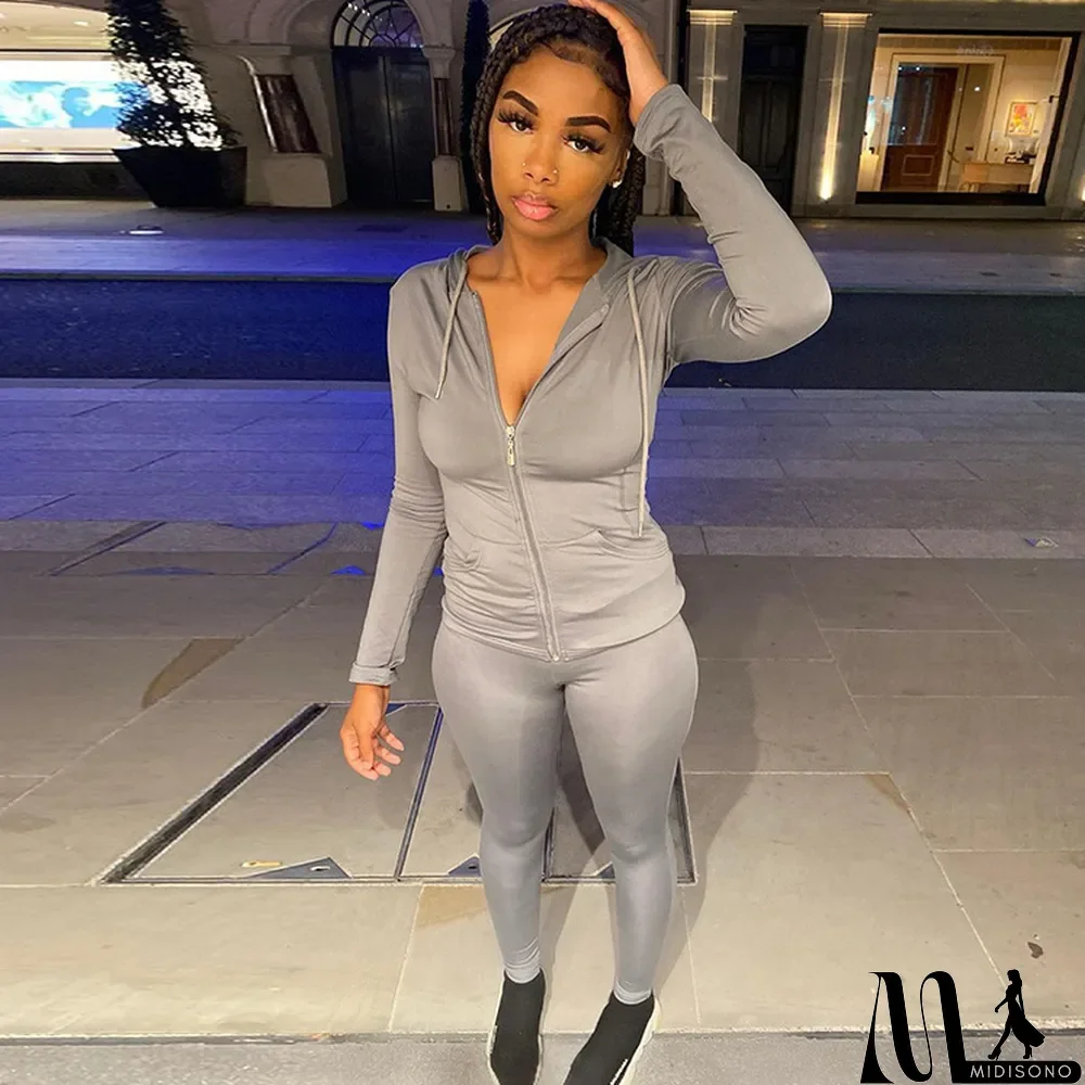 MidiSono - Casual Solid Hooded Long Sleeve 2 Piece Pants Set