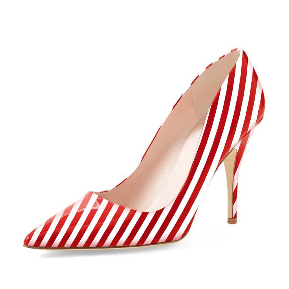 YDN Red & White Stripes Pointed Toe Stiletto Heel Pumps Shoes