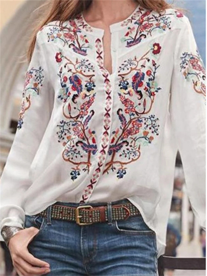 Casual Solid Color Pullover New Women's Loose Standing Collar Cardigan Printed Long Sleeve Single Button Shirt Top