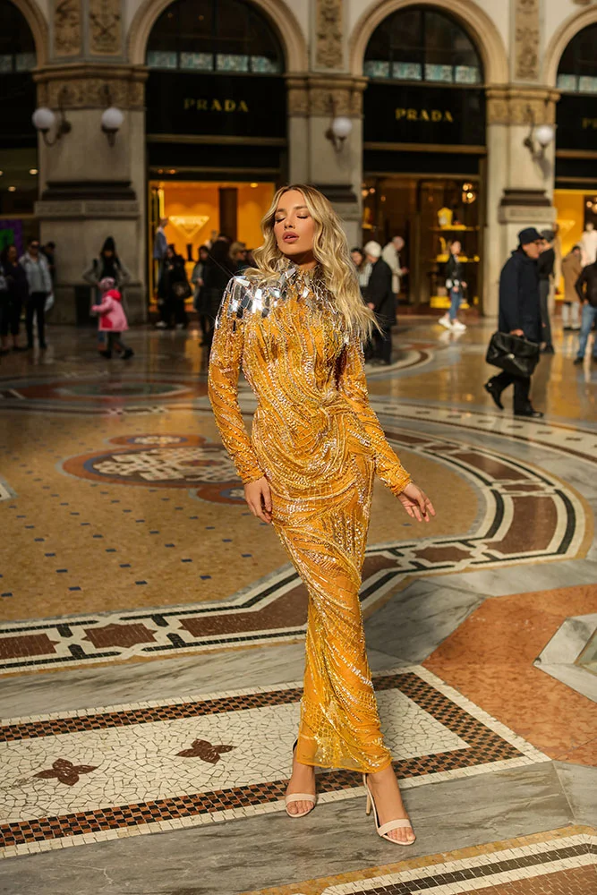 Maxi Yellow Dress With Mirror Detailing