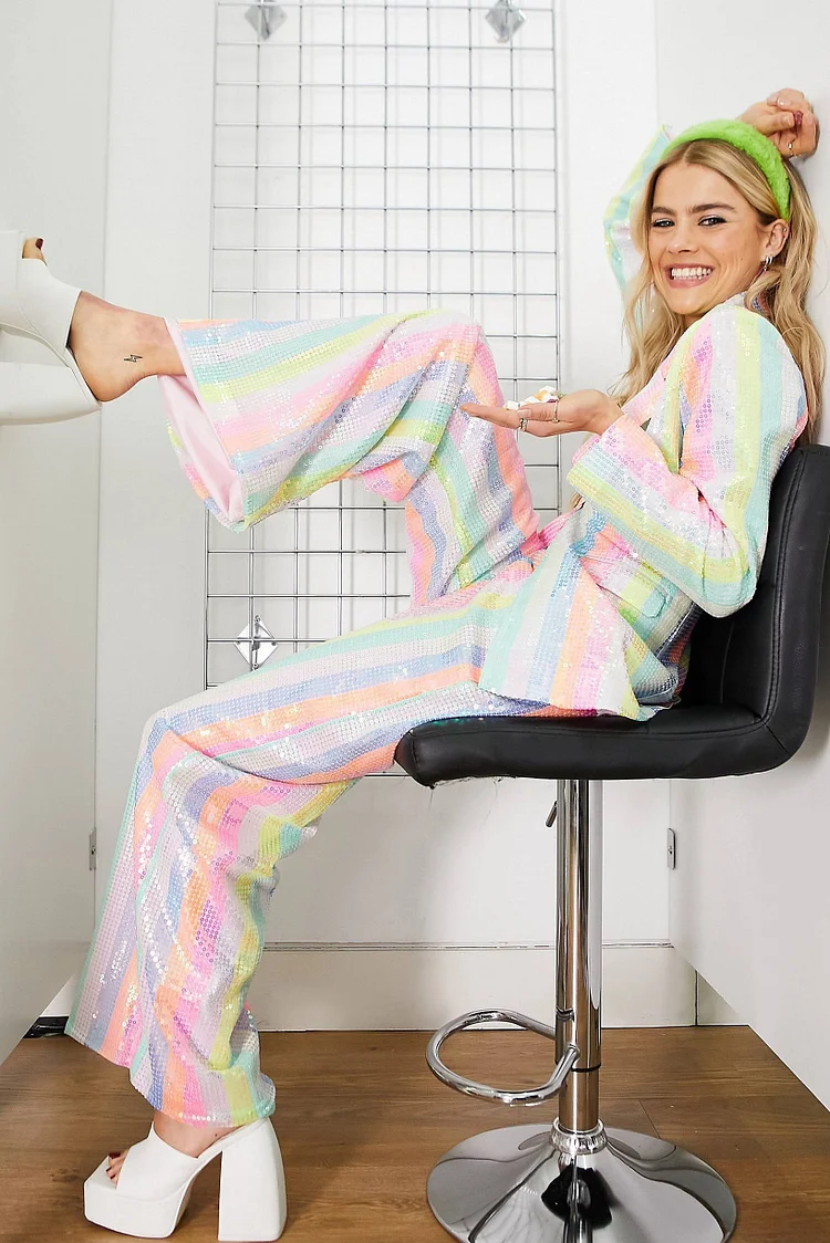 Striped Sequin Blazer Two Piece Pant Set-Rainbow 
