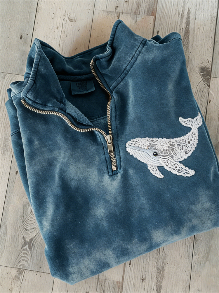Lovely Whale Floral Lace Washed Zip Up Sweatshirt wearshes