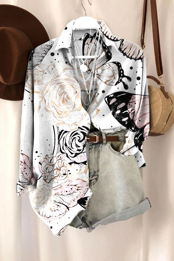 Women's Butterfly Floral Print Long Sleeve Lapel Shirt Top socialshop
