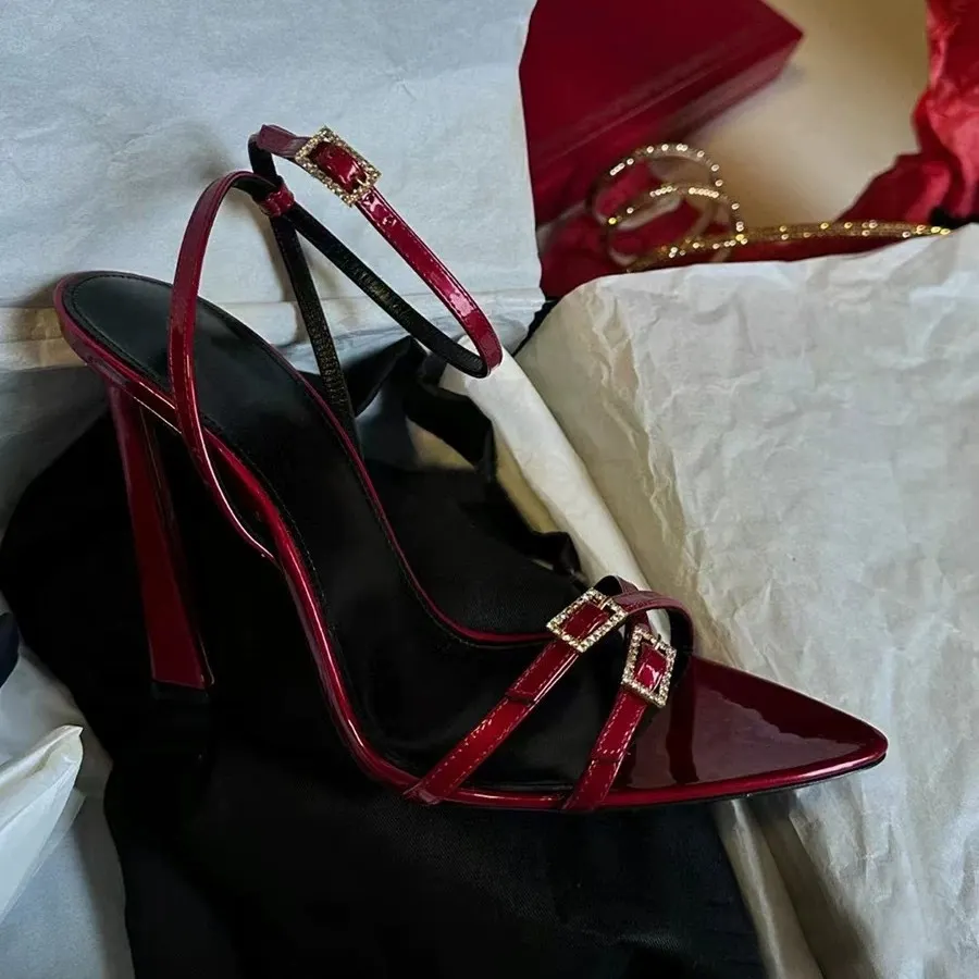 Breakj Breakj Sandals Women 2025 New Summer Toe Water Drill With Buckle High Heels Fine Heel Patent Leather Sexy Women's Shoes