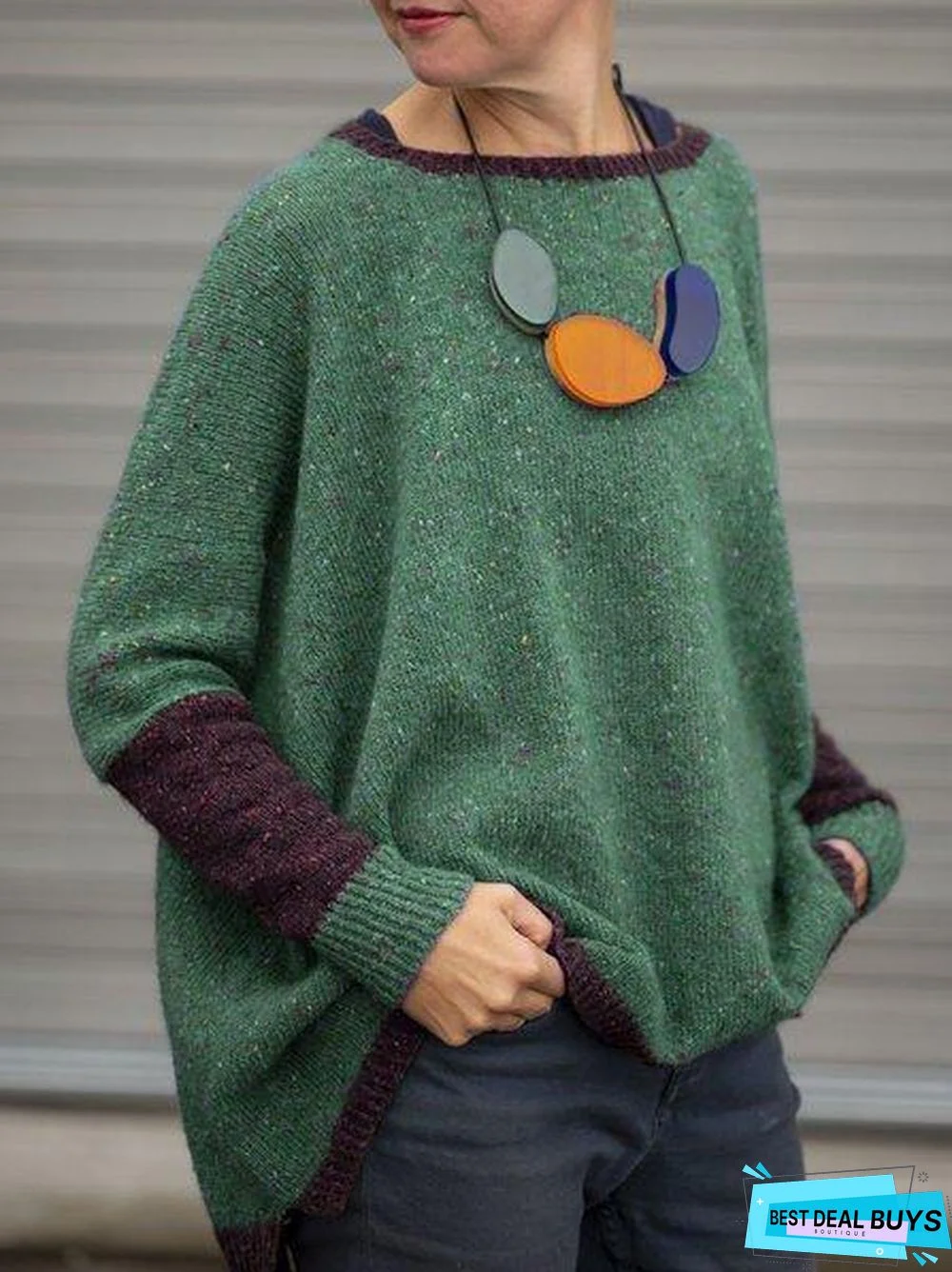 Casual Knitted Plain Round Neck Vintage Sweater