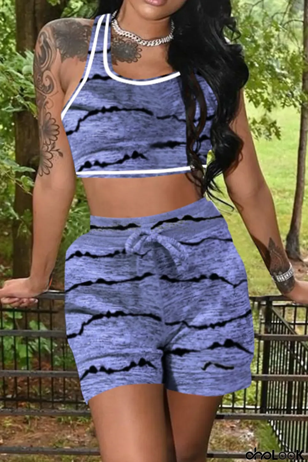 Blue Casual Print U Neck Sleeveless Two Pieces