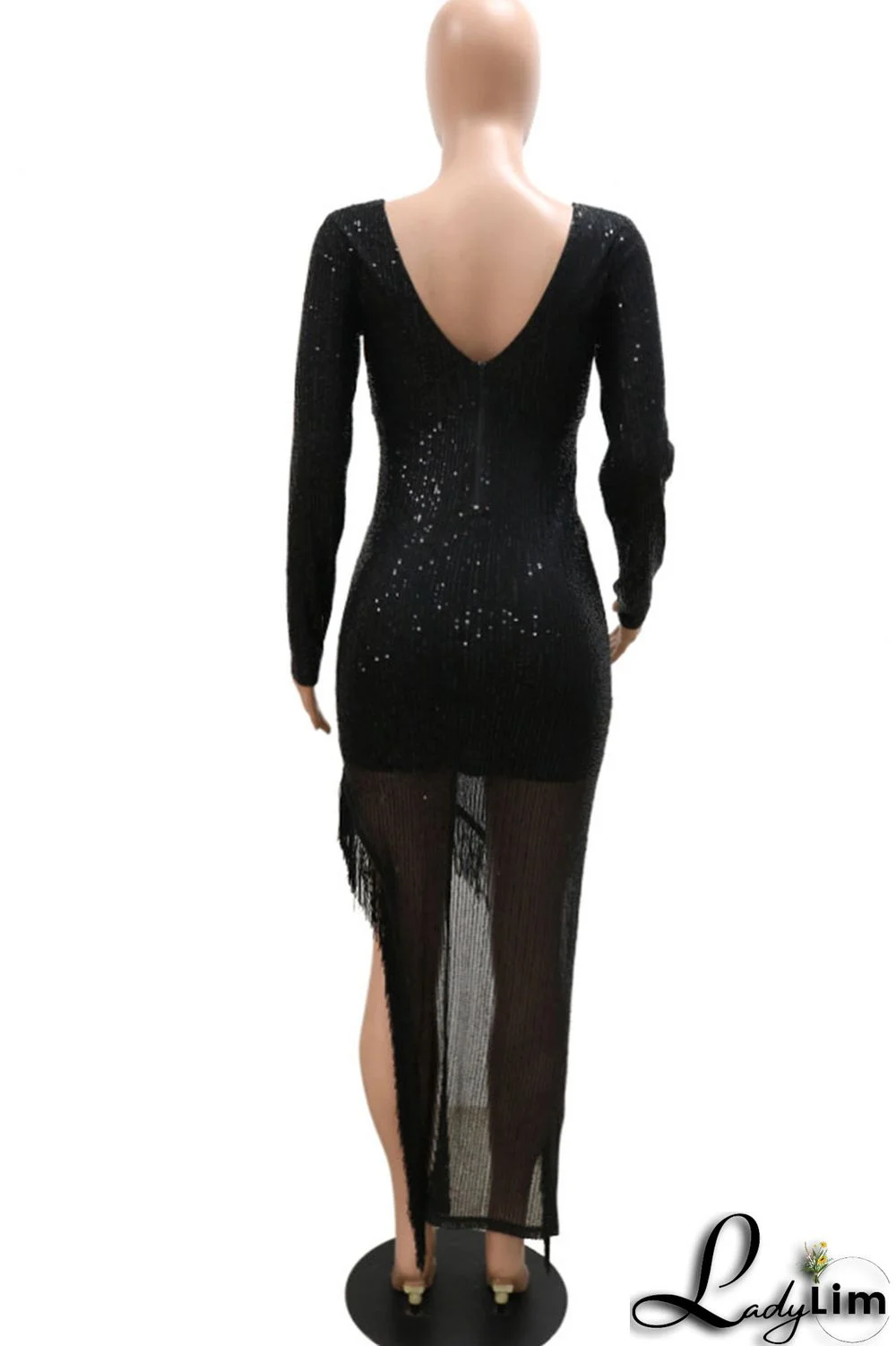 Black Elegant Solid Tassel Sequins Split Joint V Neck Irregular Dress Dresses