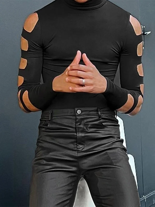 Aonga - Mens Solid Cutout Half Collar Long Sleeve Bodysuit