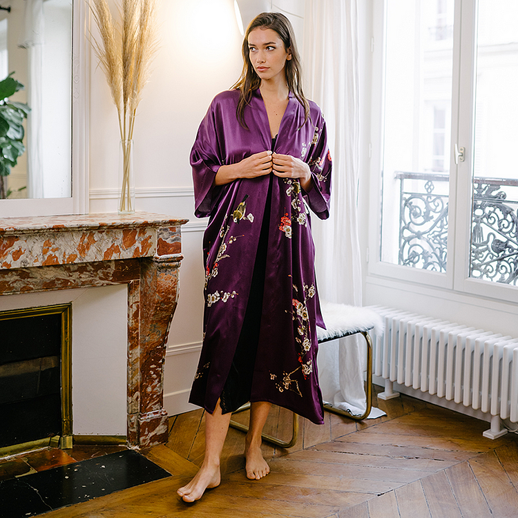 22 Momme Luxury Purple Long Women's Silk Kimono Robe-Chouchouhome