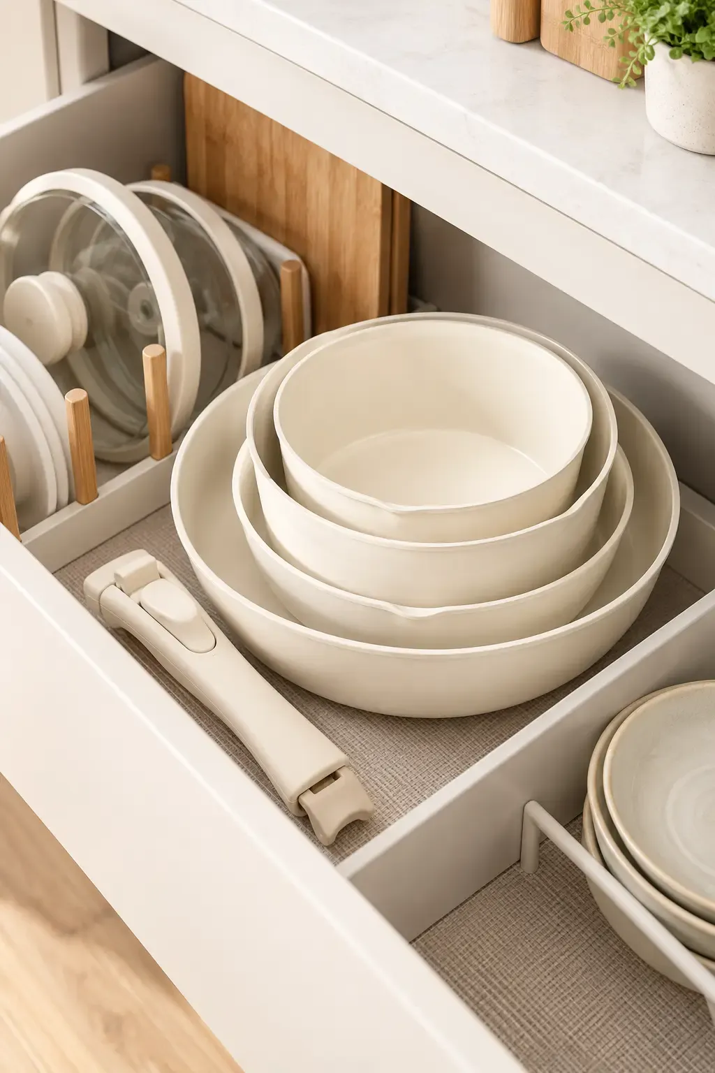 Cream pots and pans nested compactly in a kitchen drawer