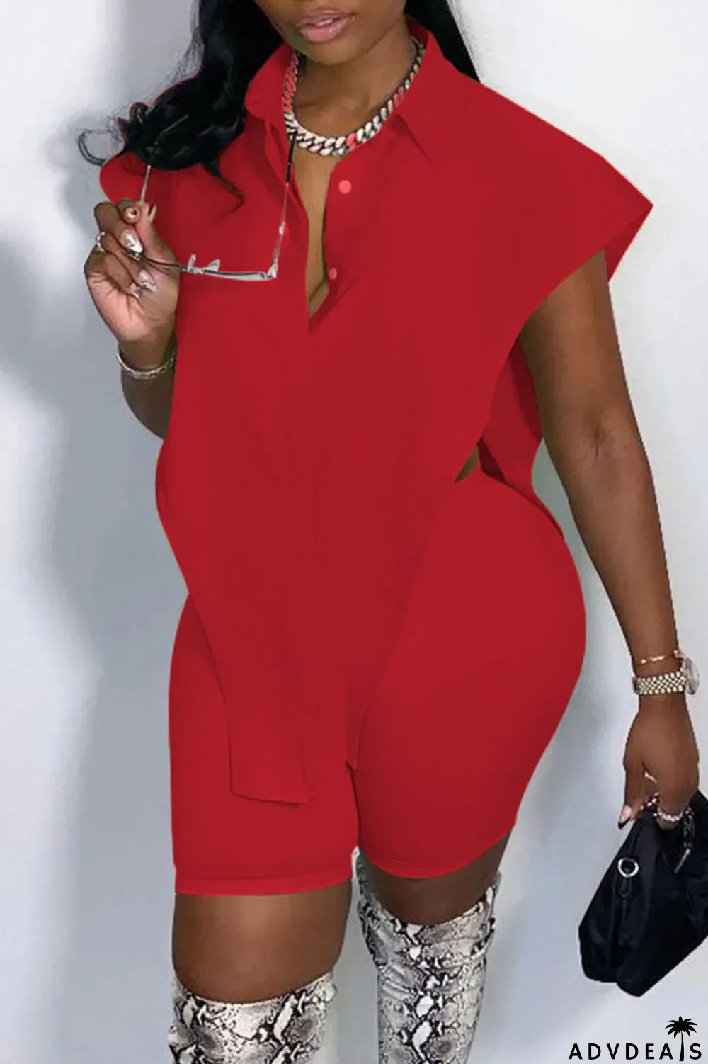 Green Sexy Street Solid Split Joint Buckle Asymmetrical Turndown Collar Sleeveless Two Pieces