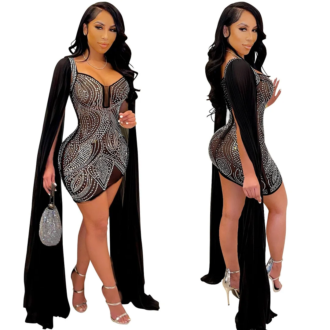 Elegant Diamonds Sheer Mesh Patchwork Shawl Dress Women Sexy V Neck Long Sleeve See Through Mini Night Clubwear Dresses Vestidos