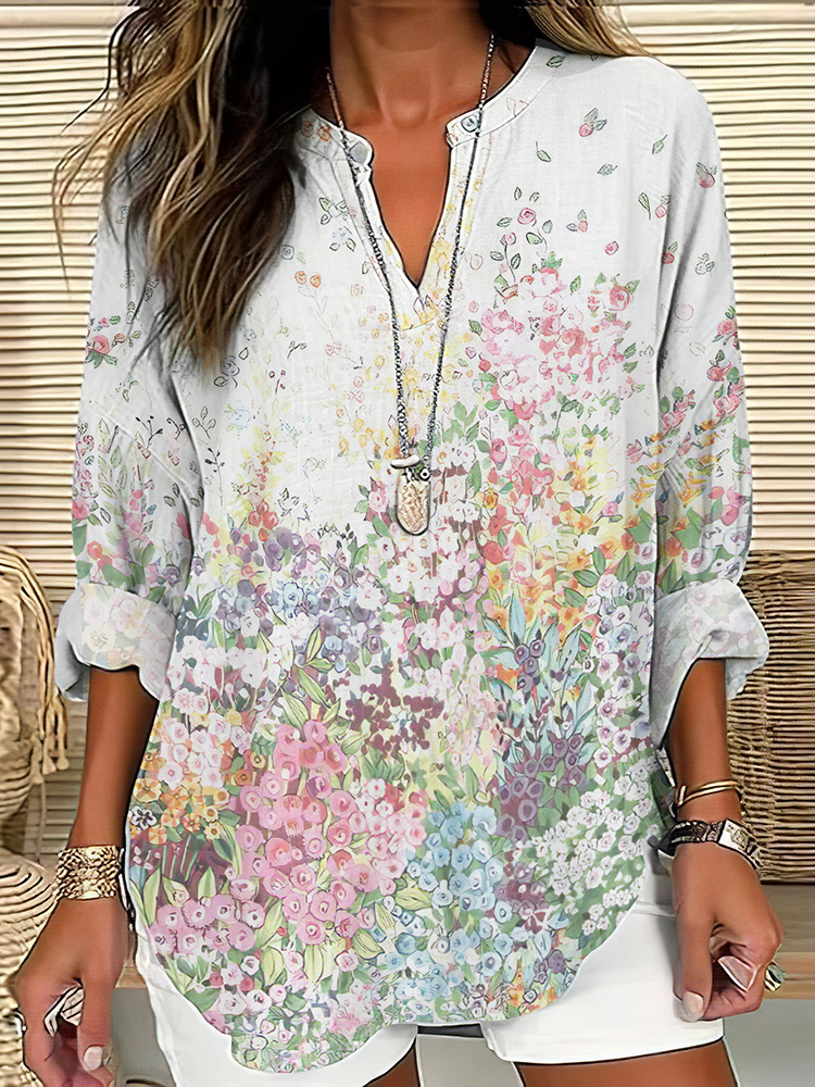 Comstylish Vintage Elegant Floral Art Linen Blend Tunic