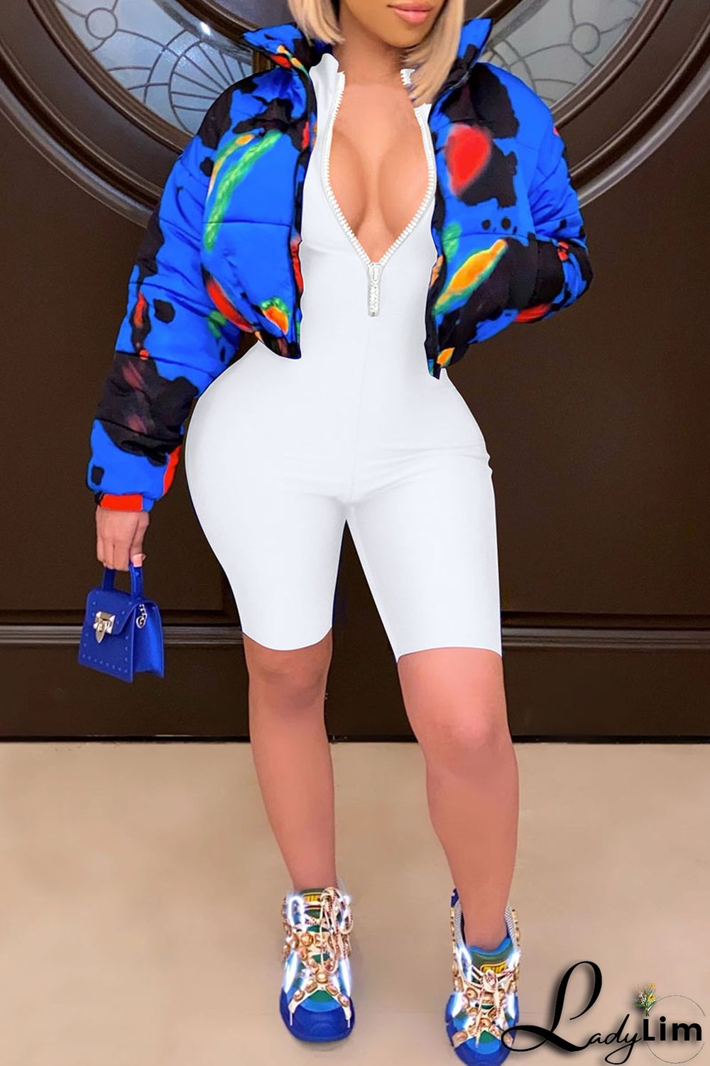 Royal Blue Fashion Casual Solid Basic Zipper Collar Skinny Romper