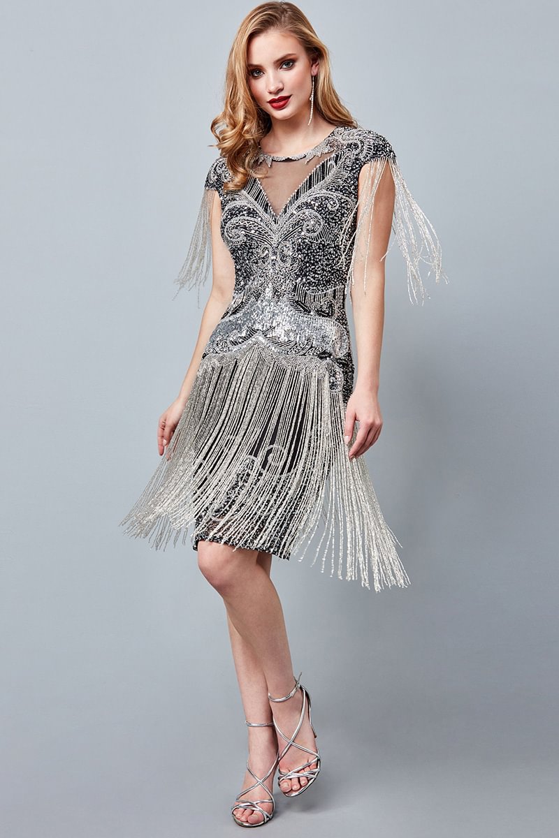 1920s Black Silver Party Sequin Extended Fringe Handmade Decoration A-line Mini Dress [Pre-Order]