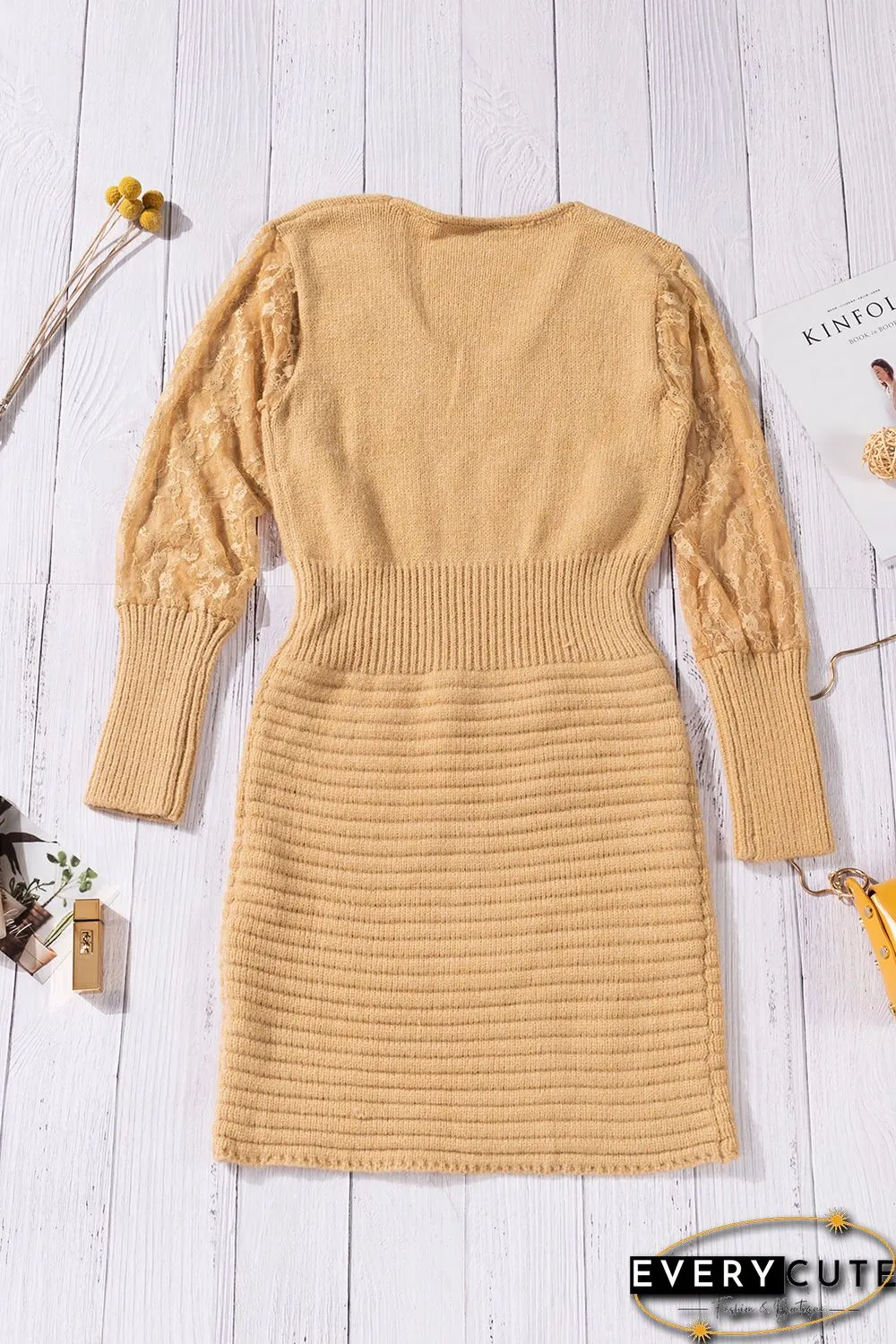 Khaki Lace Sleeve Patchwork Sweater Dress