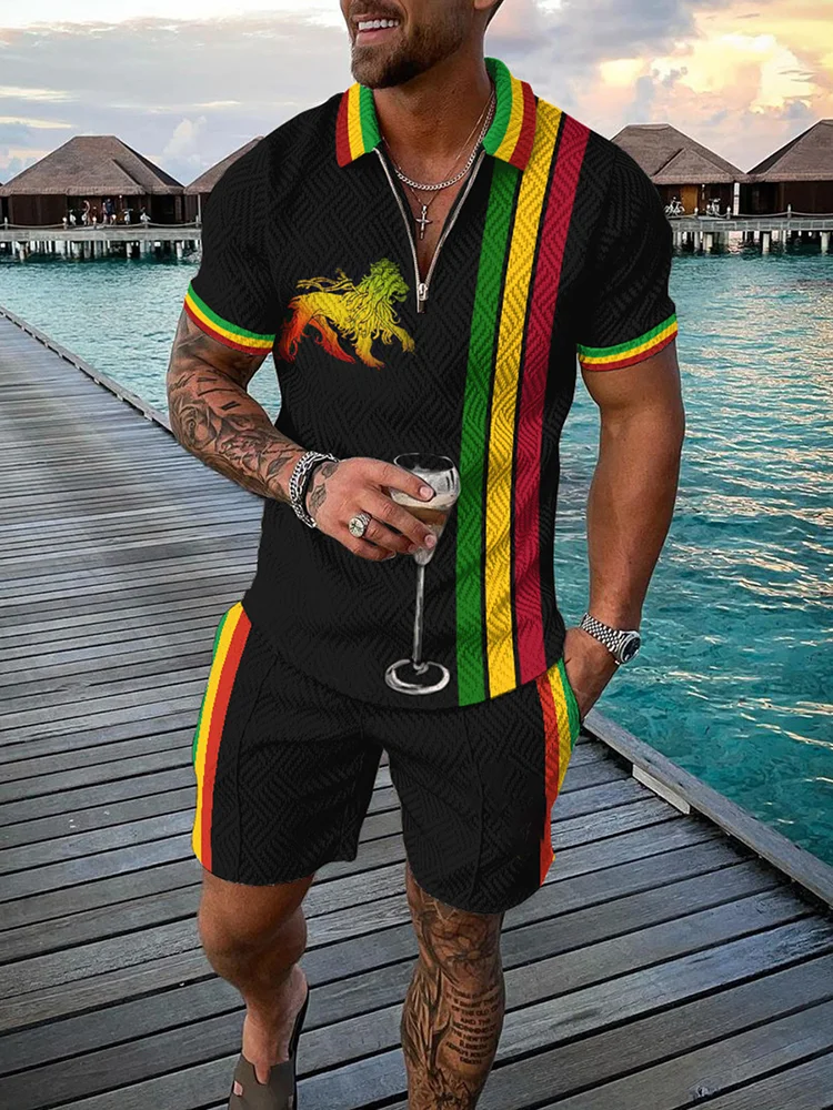 Reggae Lion Pattern Polo Shirt And Shorts Co-Ord