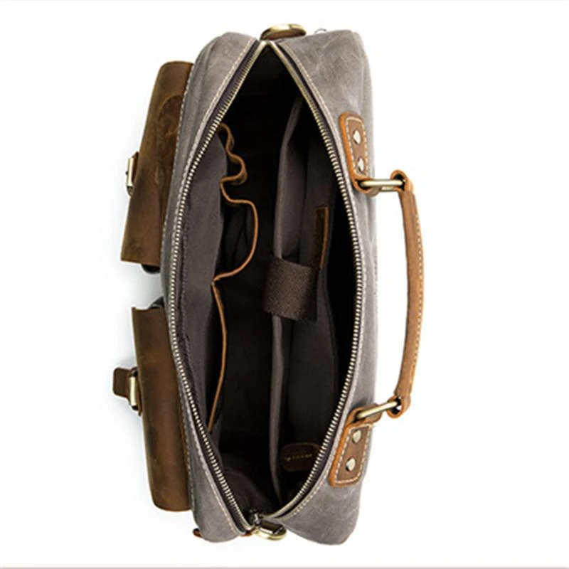 Men's Retro Handbag Leather Canvas Business 14 Inch Computer Bag Crossbody Bag