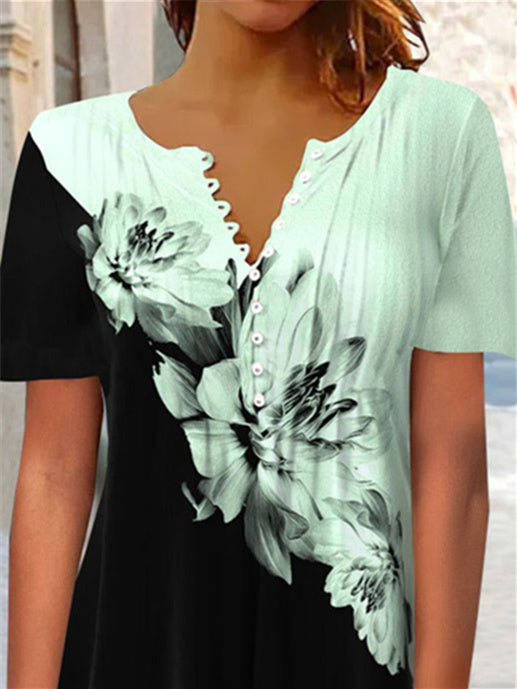 Women's Elegant Floral Printed Short Sleeve V-neck Tops