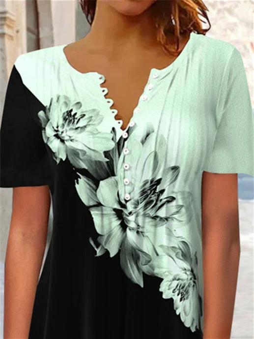 Women's Elegant Floral Printed Short Sleeve V-neck Tops