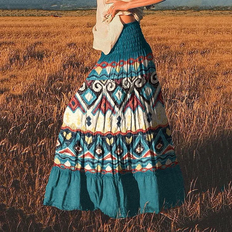 Women's Turquoise Vintage Print Cotton Pocket Skirt