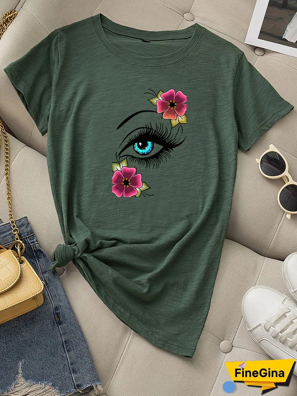 Casual Summer Daily T-shirt Women 100% Cotton Short Sleeve Rose Eye Print Female Graphic Fashion T Shirt Ladies O-Neck Tees Tops