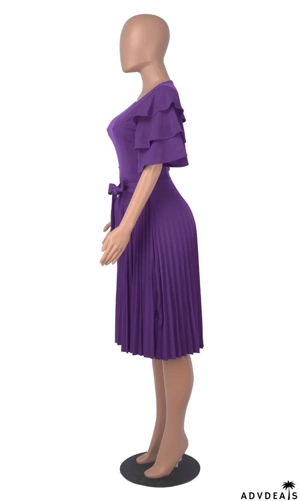 Summer Women Round Neck Ruffle Short Sleeve Pressed Pleated Dress