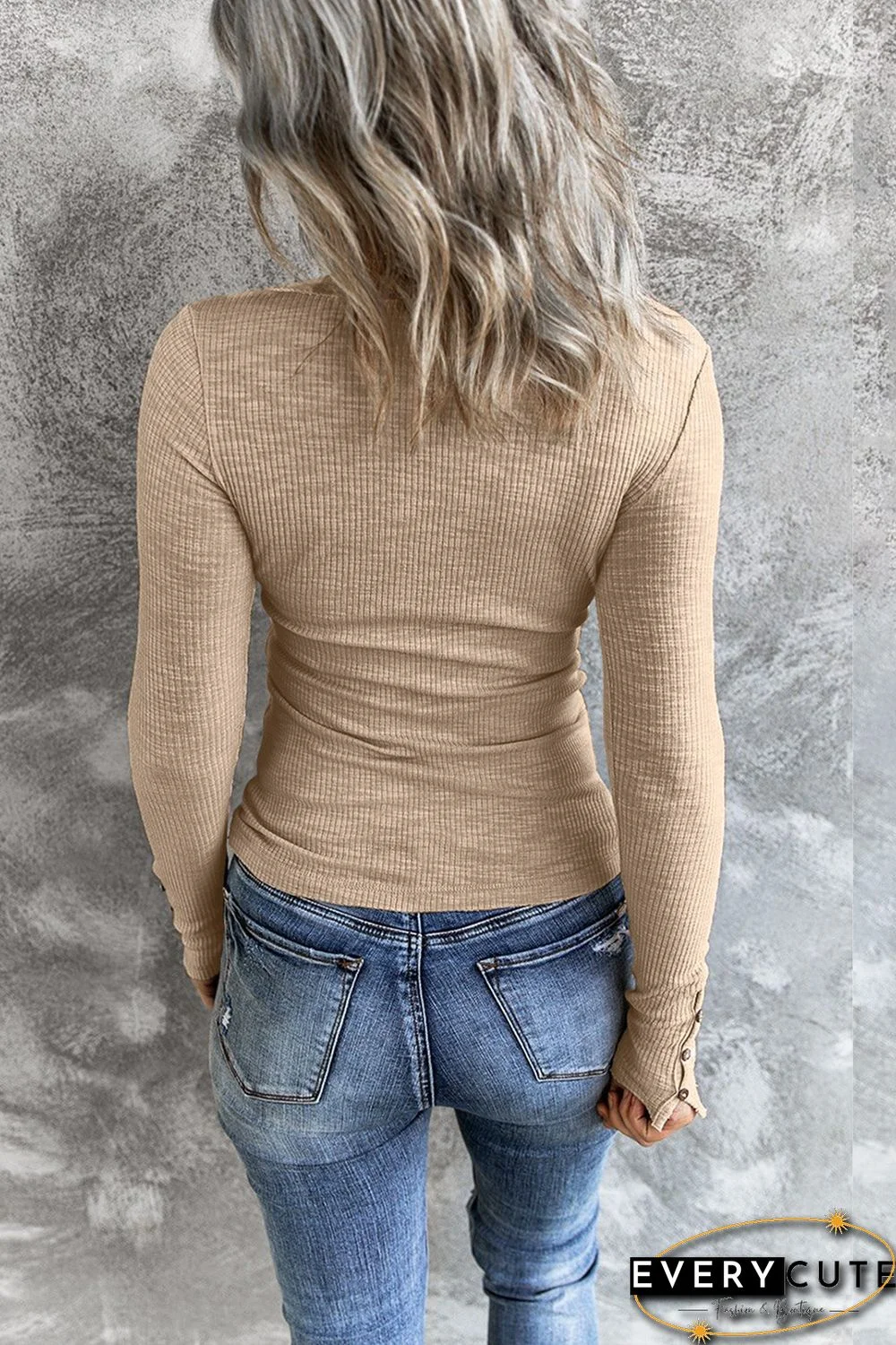 Khaki Crewneck Buttons Ribbed Knit Long Sleeve Top