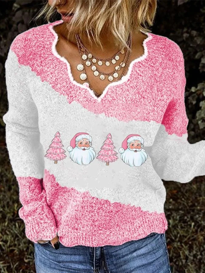 Women's Santa Claus Christmas Tree Print V-Neck Knit Top